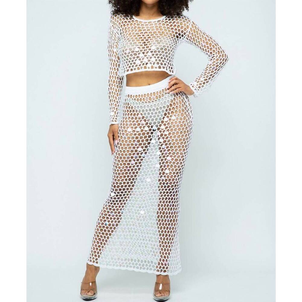 NEW HERA COLLECTION shine bright fishnet crochet top and skirt set in white
